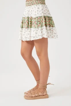 Floral Patchwork Tiered Mini Skirt