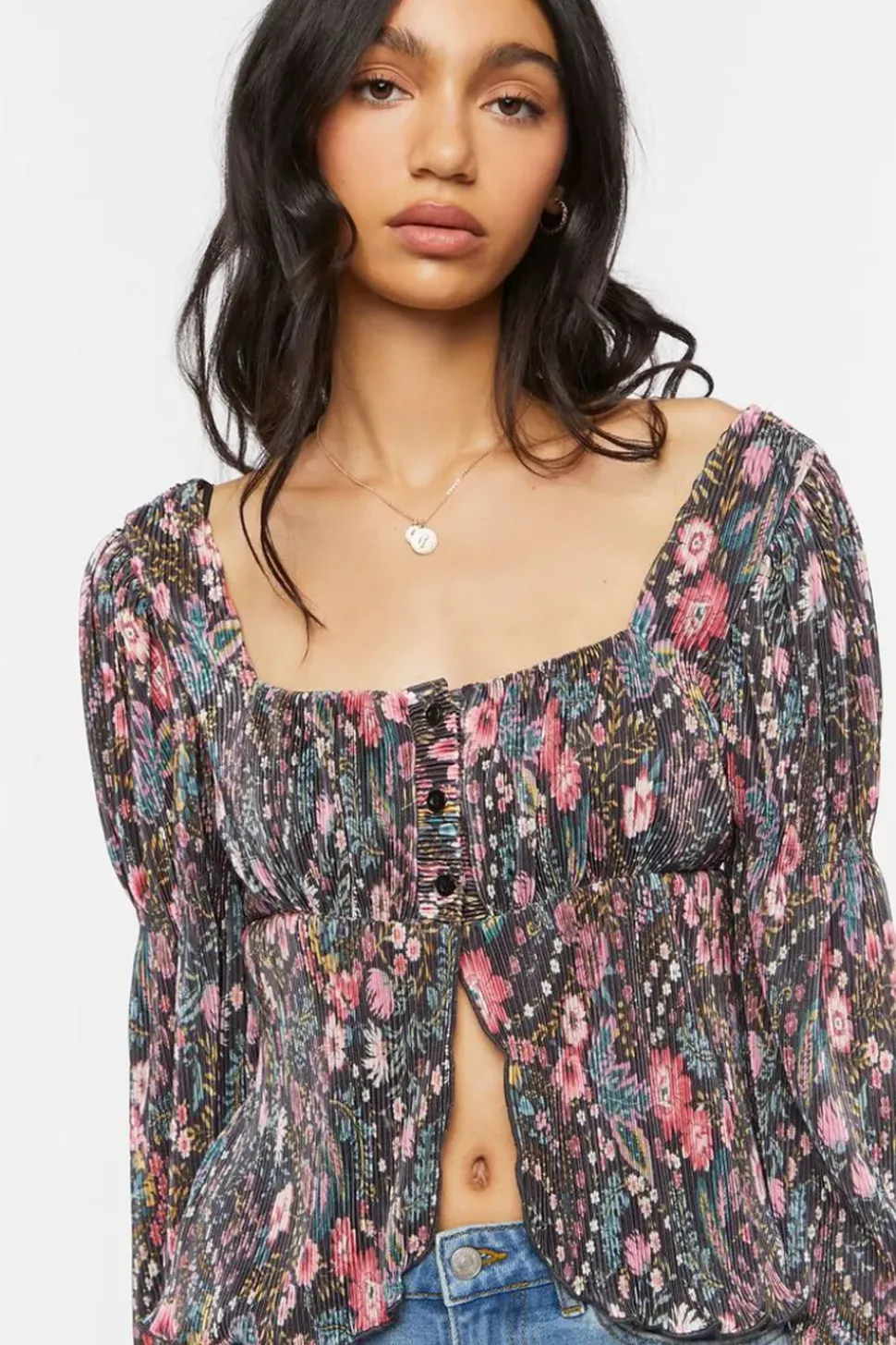 Floral Plisse Split-Front Top