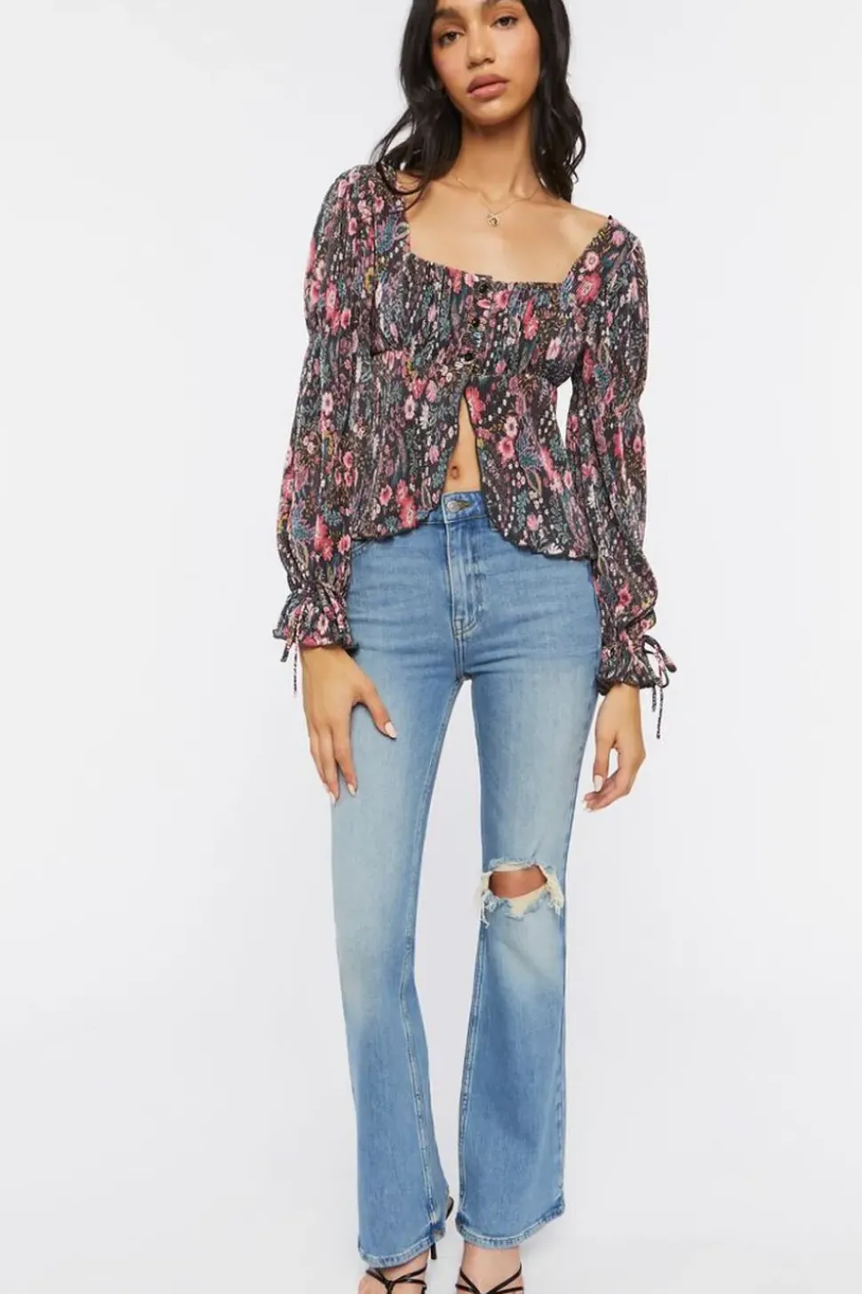 Floral Plisse Split-Front Top