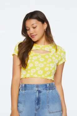 Floral Print Cutout Cropped Tee