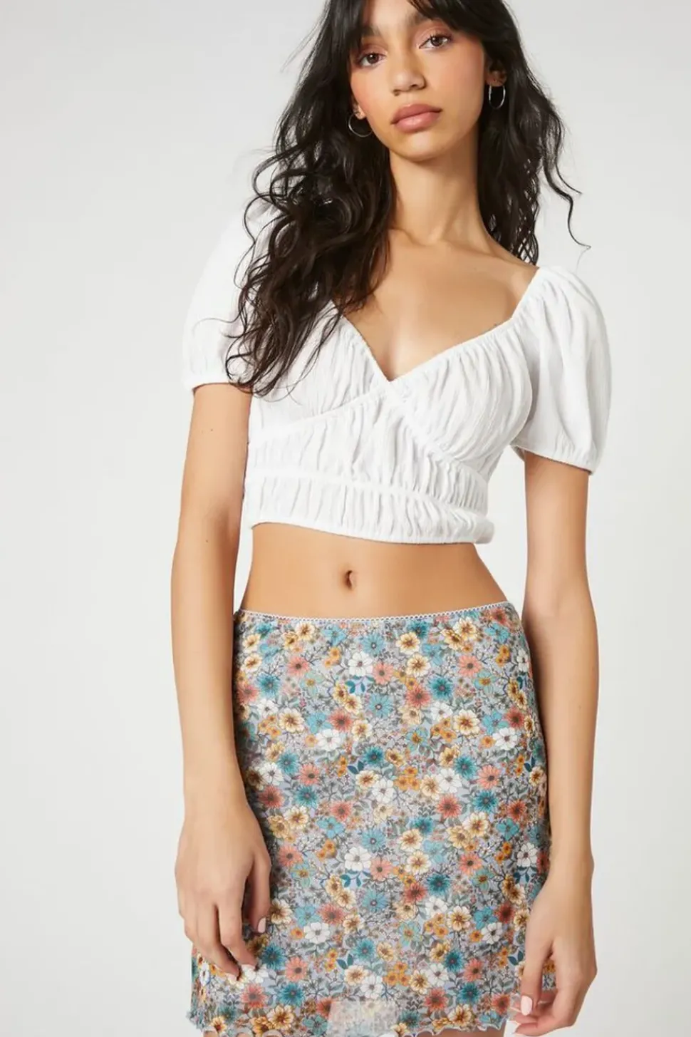 Floral Print Lettuce-Edge Mini Skirt