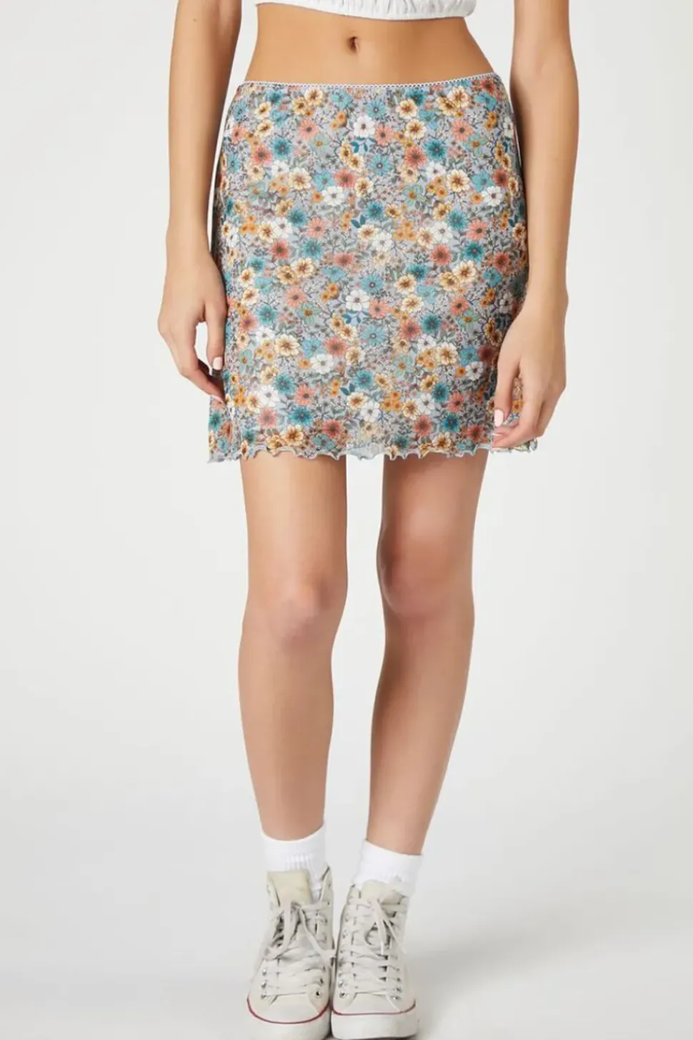 Floral Print Lettuce-Edge Mini Skirt