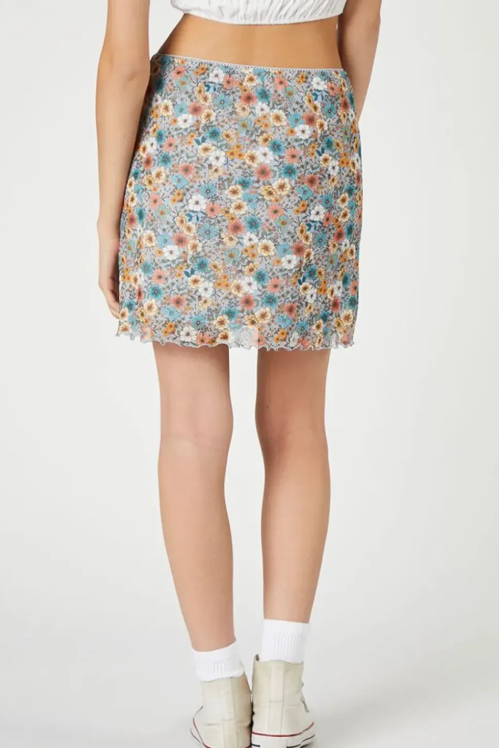 Floral Print Lettuce-Edge Mini Skirt
