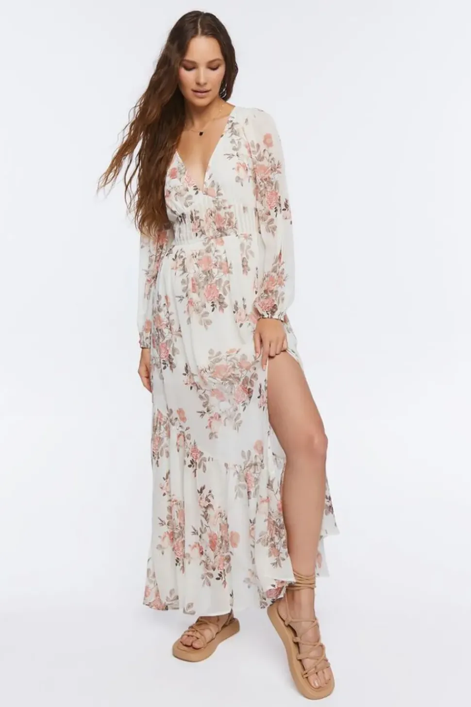 Floral Print Peasant-Sleeve Maxi Dress
