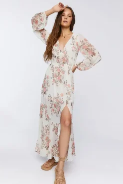 Floral Print Peasant-Sleeve Maxi Dress