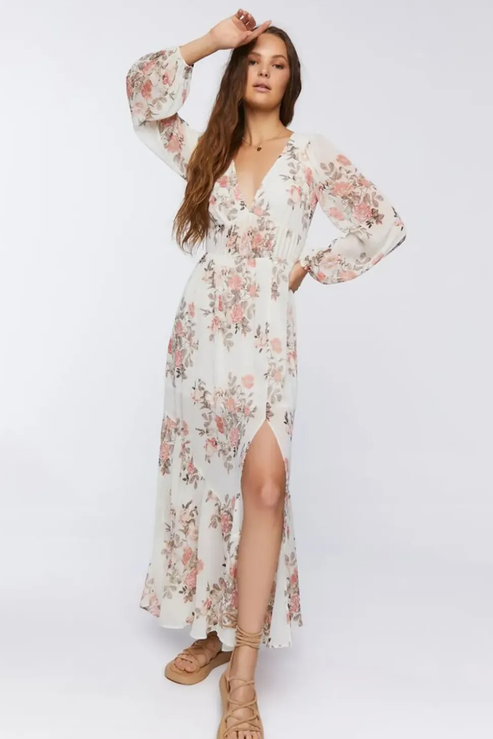 Floral Print Peasant-Sleeve Maxi Dress