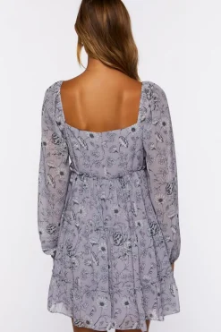 Floral Print Peasant-Sleeve Mini Dress