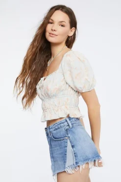 Floral Print Puff-Sleeve Crop Top