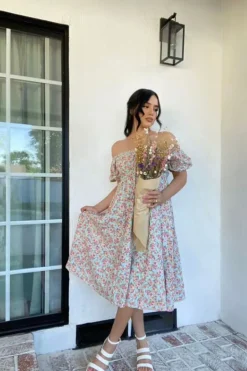 Floral Print Puff-Sleeve Midi Dress