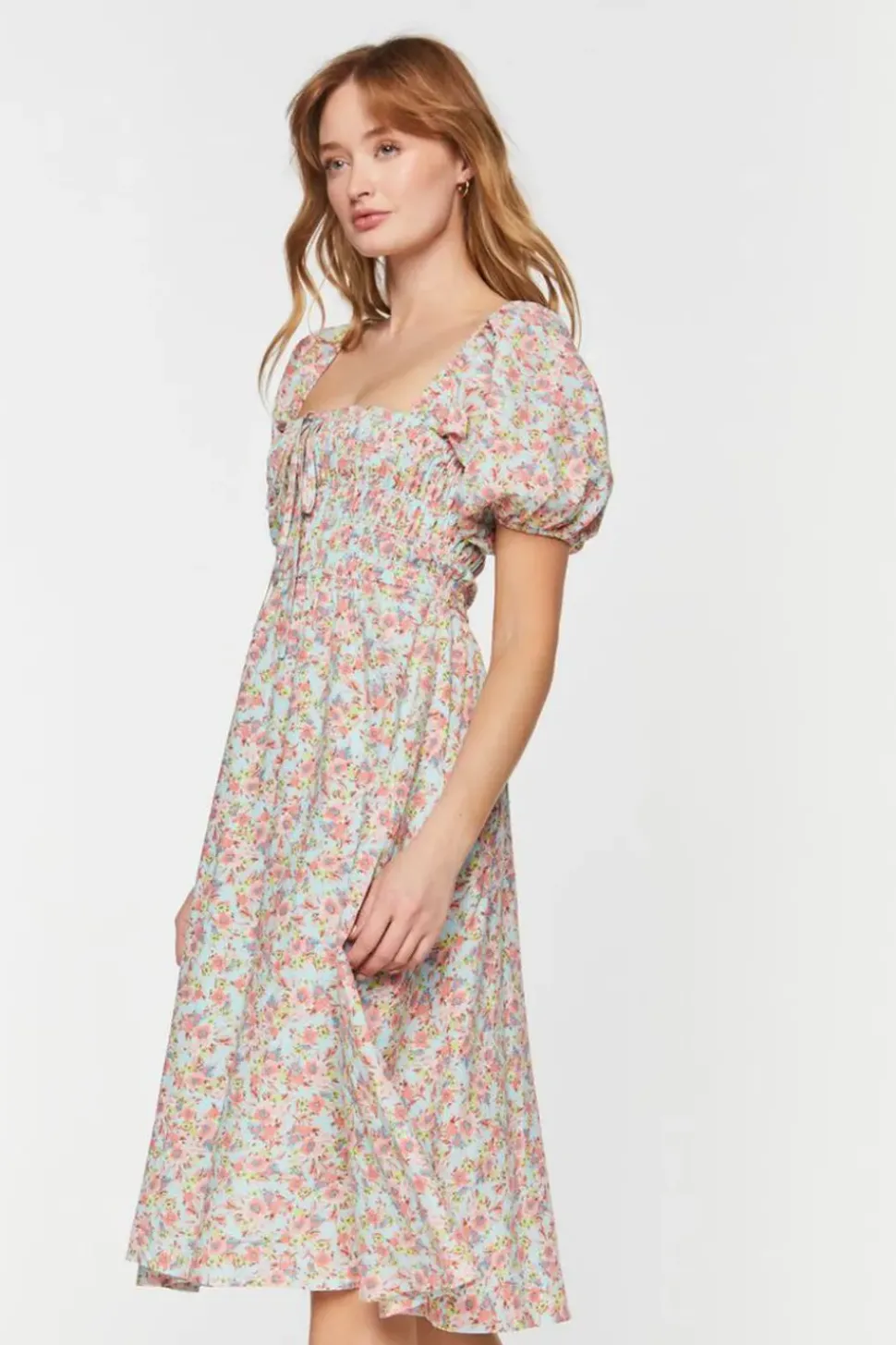 Floral Print Puff-Sleeve Midi Dress