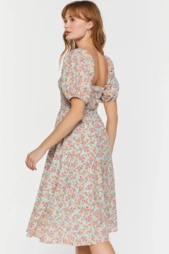 Floral Print Puff-Sleeve Midi Dress