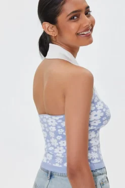 Floral Print Sweater-Knit Halter Top