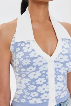Floral Print Sweater-Knit Halter Top