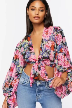 Floral Print Tie-Front Crop Top