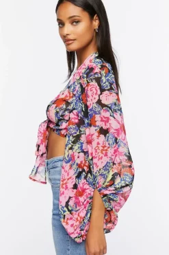 Floral Print Tie-Front Crop Top