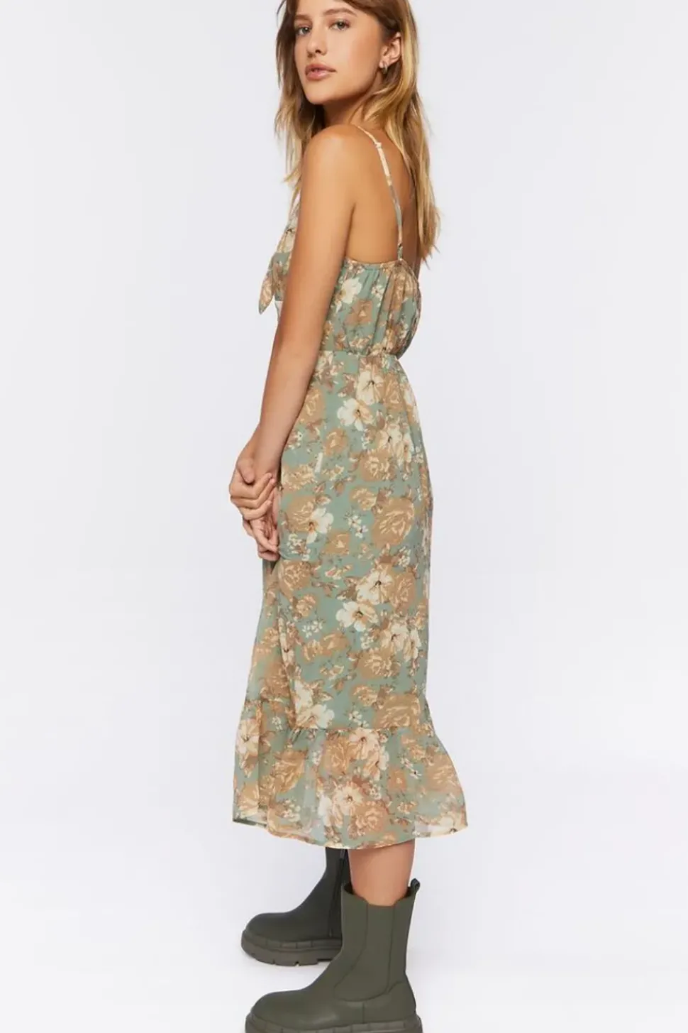Floral Print Tie-Front Midi Dress