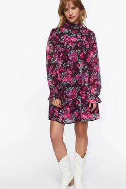 Floral Print Trumpet-Sleeve Mini Dress