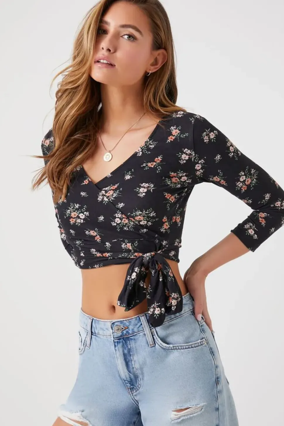 Floral Print Wrap Crop Top