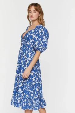 Floral Puff-Sleeve Midi Dress