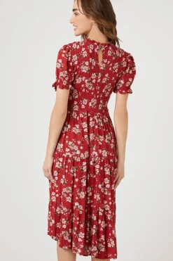 Floral Puff-Sleeve Midi Dress