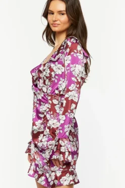 Floral Ruffled Satin Mini Dress