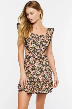 Floral Ruffle-Trim Cutout Mini Dress