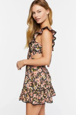 Floral Ruffle-Trim Cutout Mini Dress