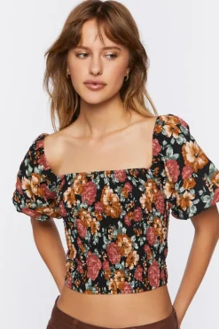 Floral Shirred Puff Sleeve Crop Top