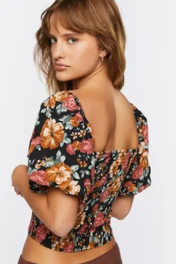 Floral Shirred Puff Sleeve Crop Top