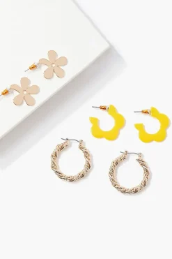 Flower & Twisted Hoop Earring Set