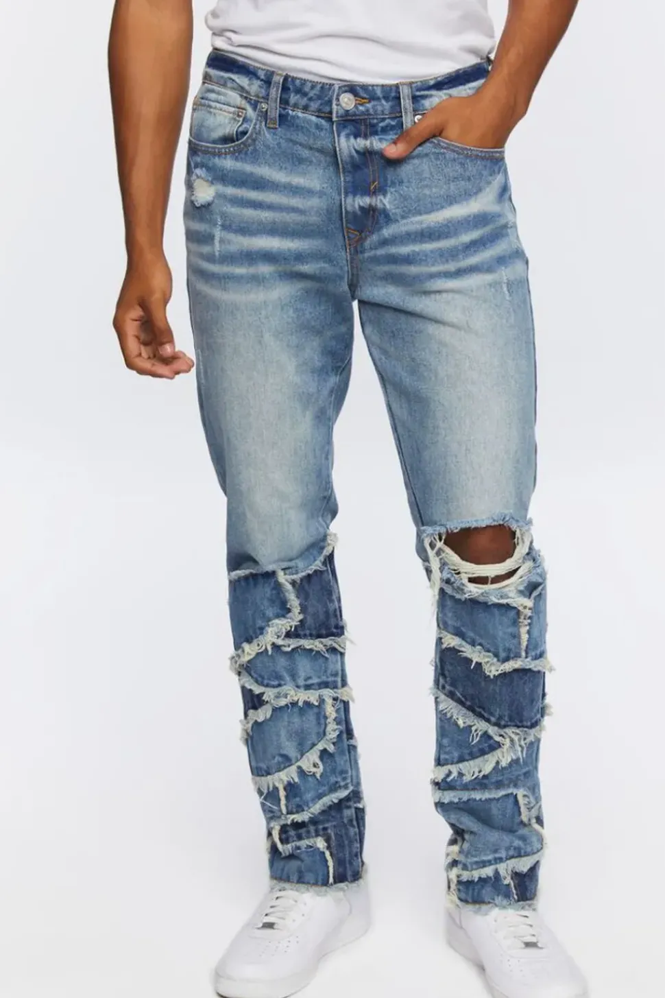 Frayed Patchwork Slim-Fit Jeans