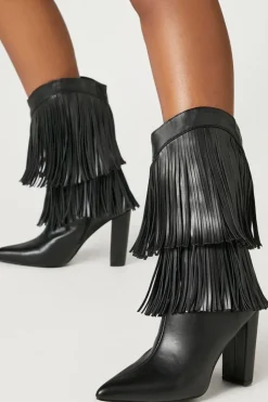 Fringe Block Heel Boots