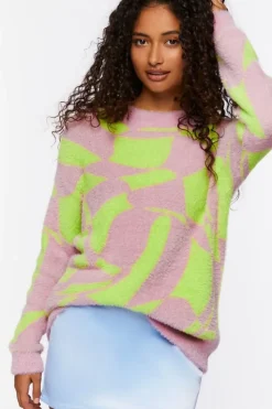 Fuzzy Abstract Print Sweater