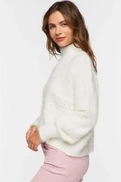 Fuzzy Contrast-Panel Mock Neck Sweater