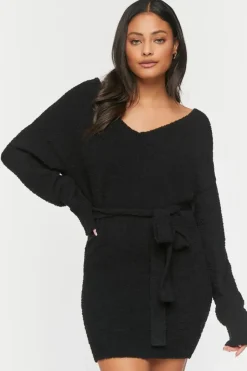 Fuzzy Knit Belted Sweater Dress