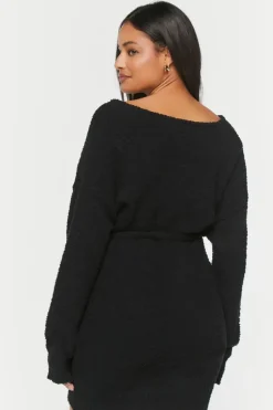 Fuzzy Knit Belted Sweater Dress