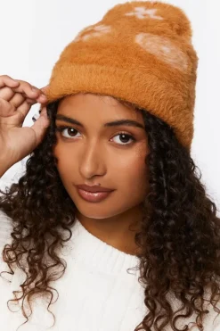 Fuzzy Knit Floral Beanie
