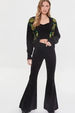 Fuzzy Knit Rose Print Cardigan Sweater