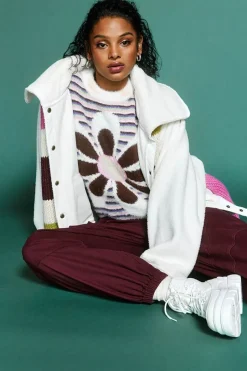 Fuzzy Striped Floral Graphic Sweater