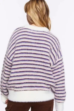Fuzzy Striped Floral Graphic Sweater