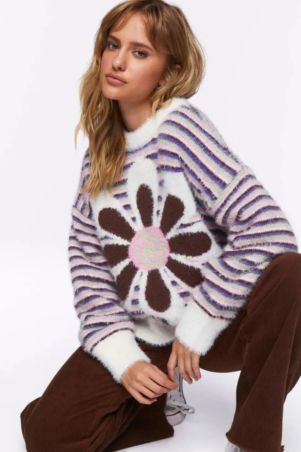 Fuzzy Striped Floral Graphic Sweater