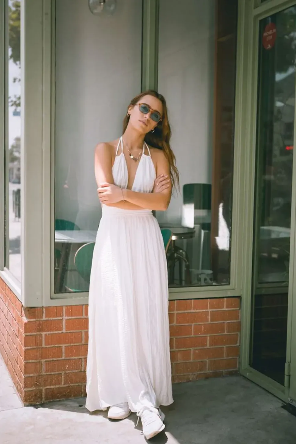 Gauze Plunging Halter Maxi Dress