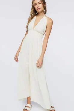Gauze Plunging Halter Maxi Dress