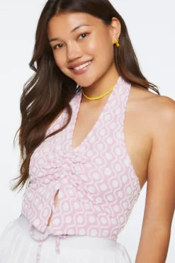 Geo Print Ruched Halter Crop Top