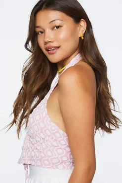 Geo Print Ruched Halter Crop Top