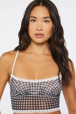 Gingham Lace-Trim Mesh Bralette