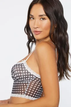 Gingham Lace-Trim Mesh Bralette