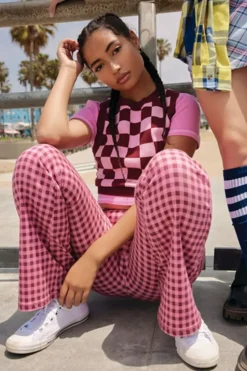 Gingham Low-Rise Flare Pants