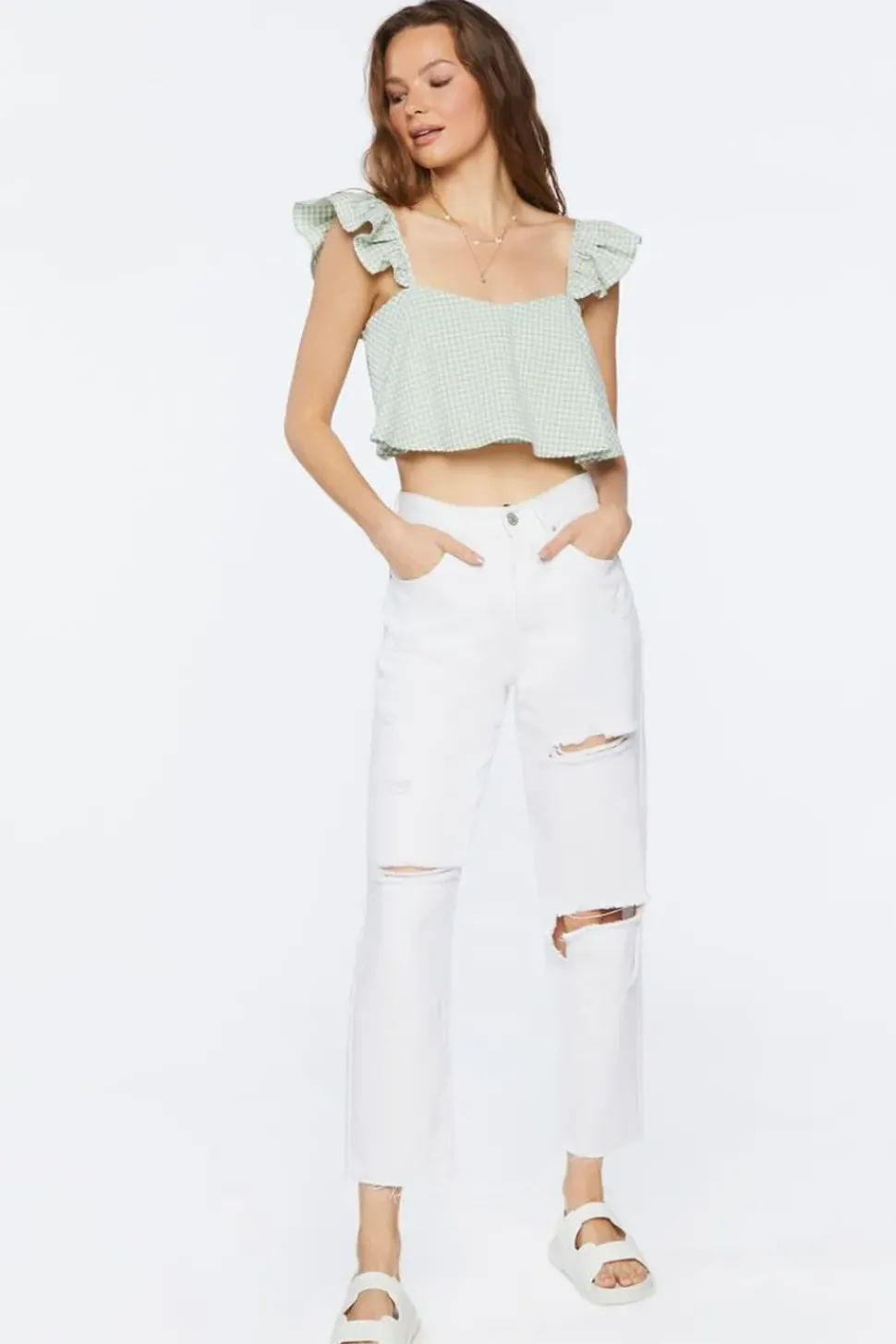 Gingham Ruffle-Trim Crop Top