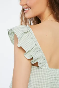 Gingham Ruffle-Trim Crop Top